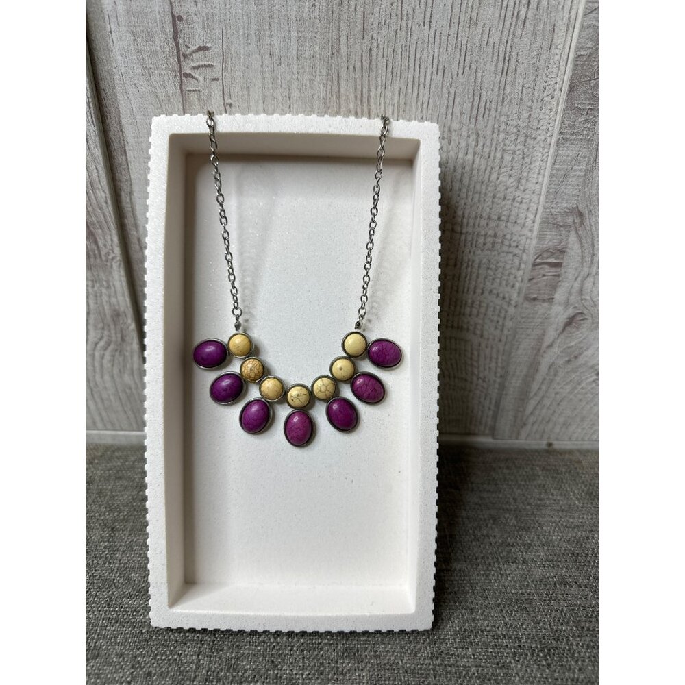 Bohemian Style Silver Chain Necklace With Purple & Yellow Stone Accents